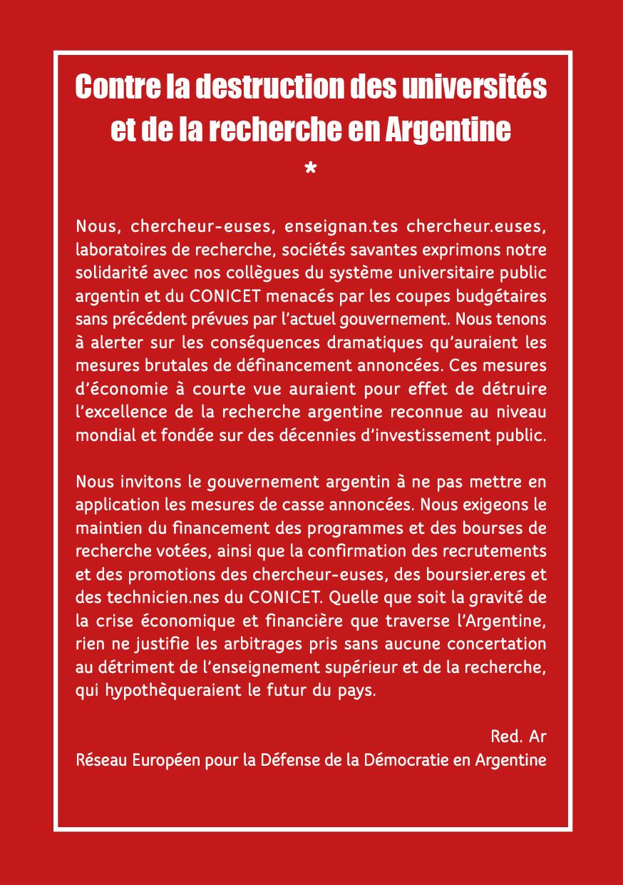 Communiqué de soutien au CONICET et aux universités argentines